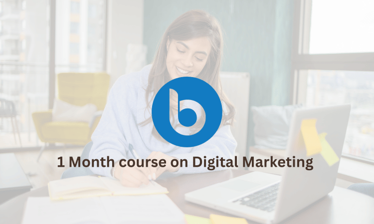 a smiling studnet is leanring as a background and 1 month digital marketing course at bispage as a title along with bispage logo as blue backgournd round abstract with white color transaparent b
